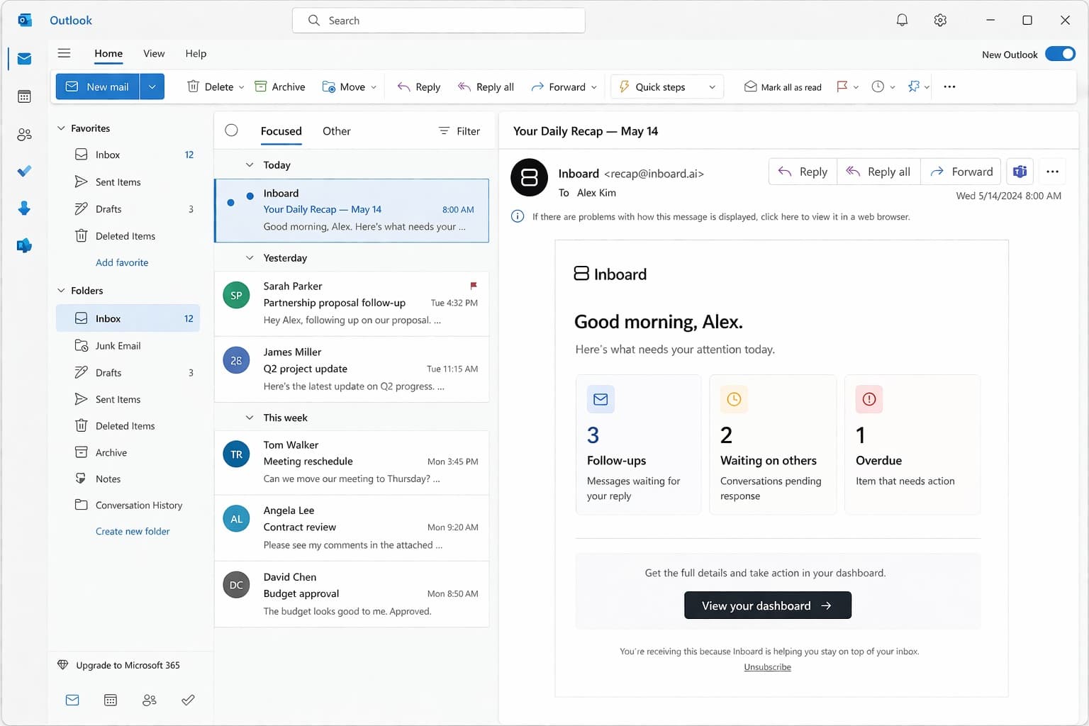 Inboard Daily Recap email message in Microsoft Outlook summarizing follow-ups and overdue items